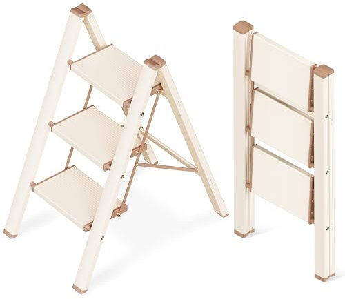 GameGem 3 Step Ladder, Folding Step Stool with Anti-Slip Wide Pedal, Aluminum Material Lightweight yet Sturdy, 150 KG Load, Cute Modern Apperance for Indoor Household Spaces, Cream Chocolate