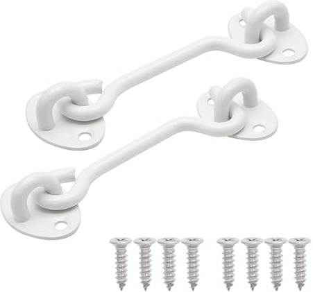 2pcs White Cabin Hooks 4 Inch, Stainless Steel Gate Hook Lock, Solid Barn Door Hook for Door Gate Shed Window Closet with Mounting Screws (4inch)