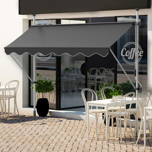 Markise Terrasse Klemmmarkise mit Handkurbel, 2.5m Balkonmarkise Ohne Bohren, UV-beständig Höhenverstellbar Wasserdicht, Sonnenschutz für Garten Veranda, Einfache Montage, Dunkelgrau