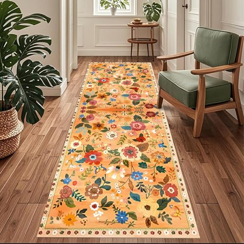 Siunwdiy Flurläufer Extra Lang 120x200cm Blumenmuster - Teppichläufer rutschfest, Flurteppich，Küchenteppich Waschbar Gelb Küchenläufer für Küche, Korridor, Schlafzimmer, Eingang, Büro, Wohnzimmer