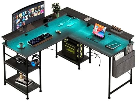 Aiorber Gaming Schreibtisch L-förmig mit LED & Steckdosen,140x140cm Eckschreibtisch,Reversibler Computertisch mit Monitorablage,4 Einlegeböden & Seitentaschen für Homeoffice & Büro