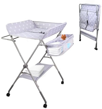 Mobiclinic®, Cambiador Bebé, Plegable, Regulable en Altura, Hasta 15 Kg, 0-36 Meses, Organizador de Pañales, Ruedas 360º con Freno, Arnés y Valla de Seguridad, Funda Lavable, Almacenaje, Zoey