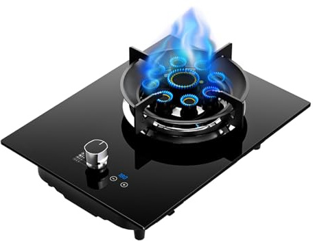 Piano Cottura a Gas, fornello a Gas a Un Fuoco, Fuoco Alto a Nove cavità da 5,2 kW, Vetro temperato con Timer e Sicurezza antispegnimento for Cucina Domestica (GPL)(LPG)