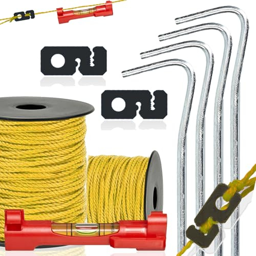 Maurerschnur Set bestehend aus Maurerschnur (Richtschnur 100m x 1,7mm) Maurerschnurspanner (Schnurspanner) mobile Schnurwasserwage und Erdnägel (Hering)
