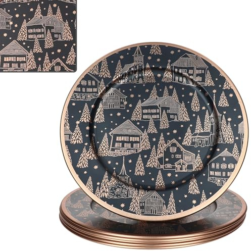 MamboCat 6er Set Platzteller Chalet schwarz I Ø 33 cm I Leichter Dekoteller mit winterlichen Häusern in Kupfer aus Metall I Platzset für 6 Personen I für Weihnachten & Co.