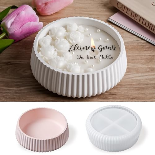 YODOYO Silikonformar gjutformar ljusskål Ø 13 x 4,3 cm, randigt utseende – rund gjutform silikon för blomkruka och förvaringsbricka, silikonform för betong, gips och epoxiharts, gör-det-själv