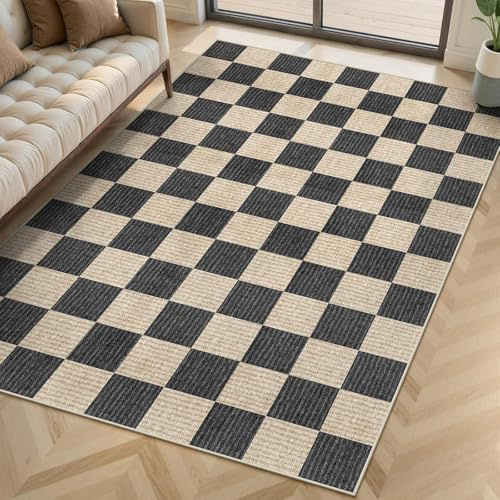 Moderner geometrischer Teppich, moderner Kurzflor-Teppich, schwarz-weiß, kariert, 180 x 180 cm, perfekt für Wohn- und Schlafzimmer, Dekoration, stilvoller Wohnakzent