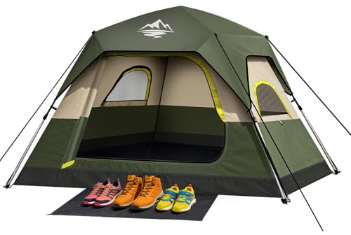 4 Person Instant Camping Tent - Waterproof Pop Up Tents for Camping with Rainfly, Large Family Tent with Pre-Attached Poles, 60S Easy Setup, Upgraded Ventilation with Welcome Mat