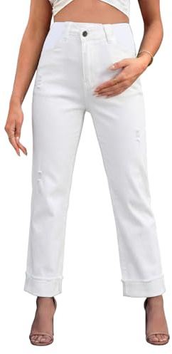 BLENCOT Maternity Jeans Clothes Stretchy Denim Pregnancy Pants White Medium | Crossover Elastic Waist Maternity Pants,Boyfriend Maternity Jeans with Distressed & Cuffed Hem,Lounge Trousers Mom Jeans