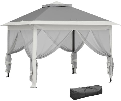 Outsunny Pavillon 3,3x3,3m Pop-up Faltpavillon Wasserabweisend Dunkelgrau | Winterfest, Doppeldach, UV Schutz, Faltbar,Partyzelt Gartenzelt mit Seitenteilen, Tasche, Gartenpavillon für Camping Garten