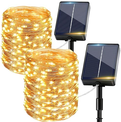 Solar Lichterkette Aussen 2 Stück, 15M 150 Warmweiß LEDs, Lichterkette Außen Solar 8 Modi IP65 Wasserdicht Kupferdraht, Hell Solarlichterkette Outdoor für Garten Zaun Baum Hof Terrasse Balkon Deko