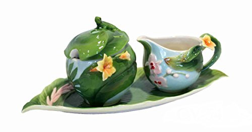 Keyhomestore- Set Vassoio con lattiera e zuccheriera, realizzati in ceramica, con decori campanule gialle con scatola e vassoio - Lattiera 8x13 cm - Zuccheriera 12x11 cm
