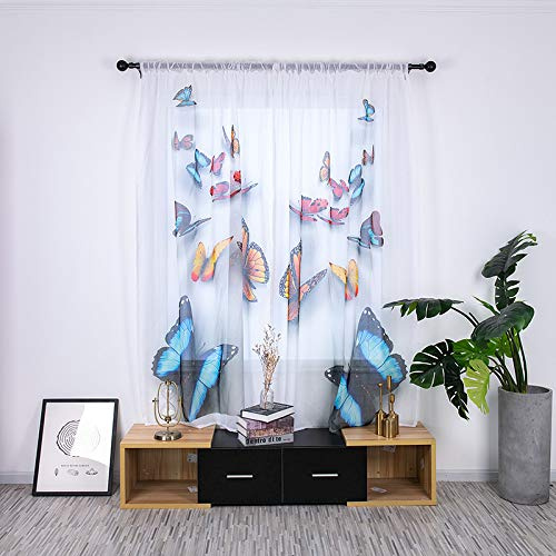 Boyouth Farbe Schmetterlingsmuster Digitaldruck weißer durchscheinender Voilevorhang, geeignet für kleine Fenster, Stangentaschen, Mehrfarbig, 2 Stoffbahnen, 135 x 200 cm
