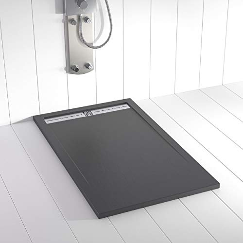 Plato de ducha resina FLOW desagüe lineal frontal color Antracita 170x70 textura pizarra antideslizante rejilla inox con válvula