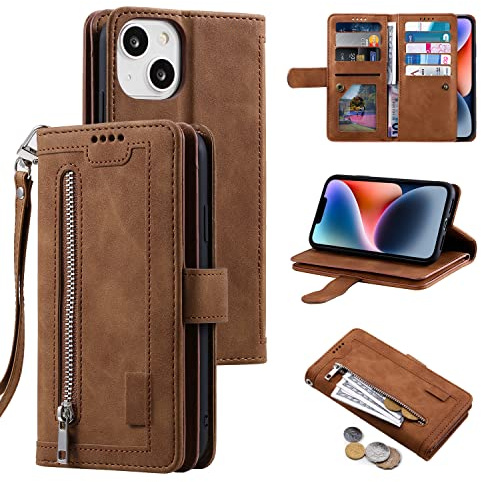 UEEBAI Hülle für iPhone 13 Mini, Retro Leder Klapphülle, Braun