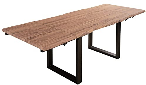 SAM Esstisch Barcelona 160(260) x90 cm Akazie Stone Baumkante U schwarz | Baumkantentisch massiv, Akazienholz stonefarben, ausziehbar, inkl. 2 Ansteckplatten 50x90 cm, Metallgestell
