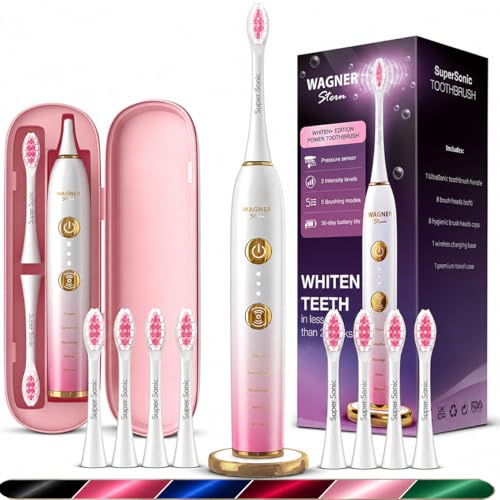 Wagner Stern WHITEN+ Edition. Intelligente elektrische Zahnbürste mit Drucksensor. 5 Putzmodi und 3 Intensitätsstufen, 8 weiche Bürstenköpfe, hochwertiges Reiseetui.