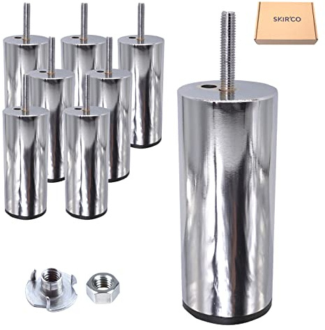 SKIR'CO Möbelbeine aus Metall, 12 cm, mit M8-Schraube, glänzende Chrom-Möbelfüße, rundes Sofa-Bein mit Muttern (8, Höhe 120 mm), 8 Stück