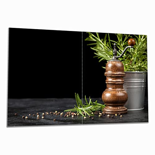 Wallario Herdabdeckplatte/Spritzschutz aus Glas, 2-teilig, 80x52cm, für Ceran- und Induktionsherde, Pfeffermühle mit Rosmarin