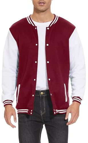 Men's Bomber Jacket Varsity Baseball Jackets Windbreaker Lightweight Slim Fit Button Down Letterman Jacket Red