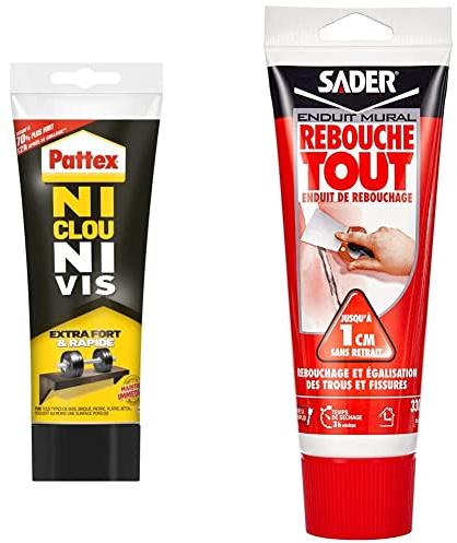 Pattex Ni Clou Ni Vis Extra Fort & Rapide, Colle de Fixation Surpuissante à Prise Instantanée, Blanche, Tube 260 g & Sader Rebouche Tout – Enduit de Rebouchage