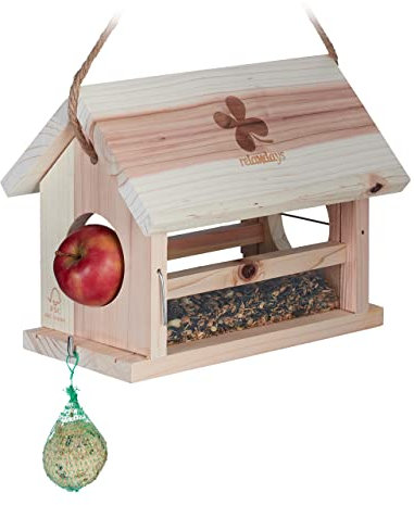 Relaxdays Vogelfutterhaus, mit Meisenknödelhalter & Apfelhalterungen, HBT: 24 x 31 x 20cm, wetterfestes Vogelhaus, Natur