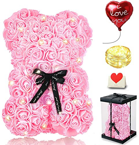 Rose Bear Christmas Flower Gifts for Her, Rose Teddy Bear with Lights, Cute Teddy Flower Bear, Birthday Gifts for Girl, Romantic Present for Wife Girlfriend With Transparent Gift Box and Love Card