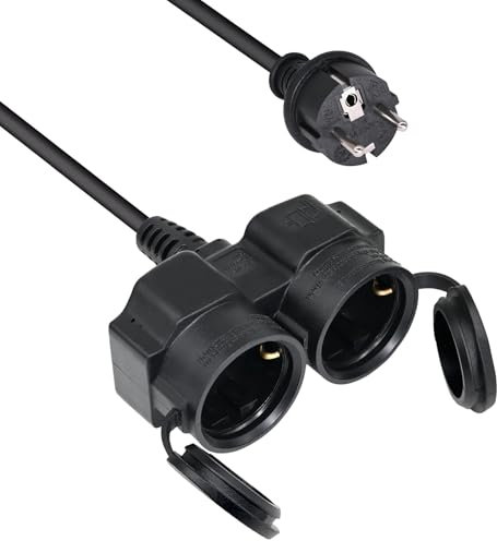YIDE Verlängerungskabel 15m mit 2 Schuko-Steckdosen Outdoor, Doppel-Verlängerung für den Außenbereich IP44, 2 Schutzkontakt Buchsen, Gummi Stromkabel außen 3500 W, 2-Fach Verteiler mit Schutzkappe