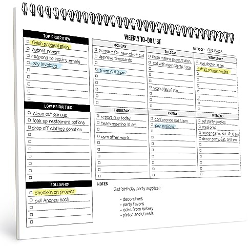 Weekly Planner To Do List Pad - 8.5x11 52 Sheets Spiral - Desk Notepad with Multiple Sections - Undated Planning Notebook Checklist, Todo Agenda Plan