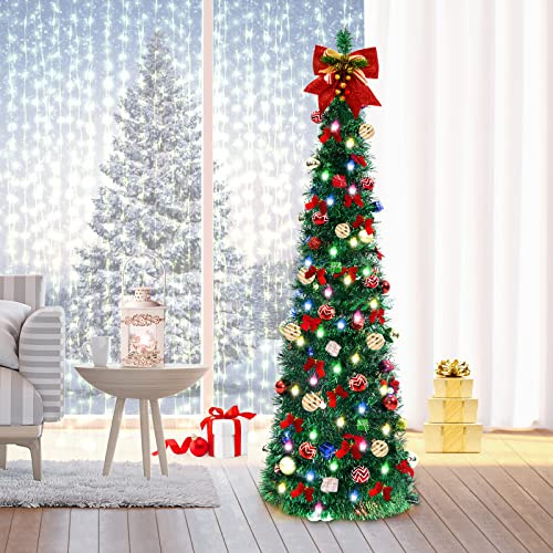 FHOZGECY Árbol de Navidad desplegable, 5 pies plegable con 30 luces LED multicolor, árbol de lápiz de oropel con caja de regalo para interiores, fiestas, Navidad, hogar, oficina