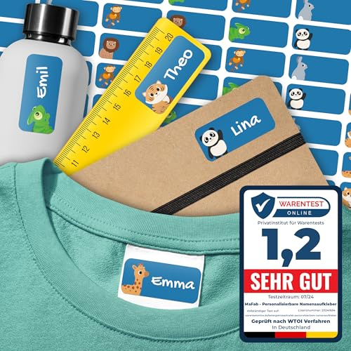 Namensaufkleber für Kinder (108 Stk. 30x13 mm) - Wasserfeste Namensschilder für Kleidung, Textilien und Gegenstände - Optimal für Kita, Kindergarten und Schule - Schöne Motive personalisierbar