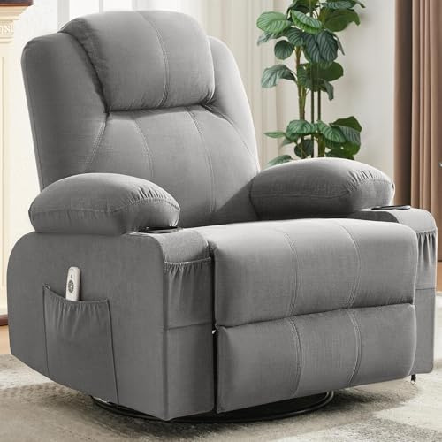 Weture - Silla reclinable giratoria con calor y masaje, sofá mecedora giratoria de 360 grados con portavasos y puerto USB, silla reclinable grande grande para sala de estar (tela, gris)