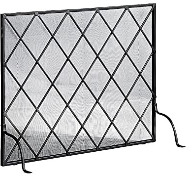 Feuerschutz, einteiliges Eisen-Kaminschutzgitter, flach, freistehender Kaminschutz, schmiedeeiserner Rahmen, Feuerfunkenschutzgitter mit dekorativem Metallgitter, Schwarz (Schwarz 96 x 26 x 72 cm)
