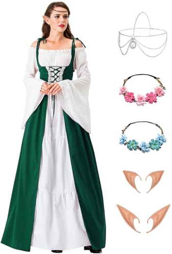 Velmawig Damen Mittelalter Renaissance Kostüme Kleid Gothic Kleidung Steampunk Elfen Piraten Cosplay Karneval Kostüm Vintage Kleider mit mit Elfenohren Haarschmuck Socken für Fasching Halloween