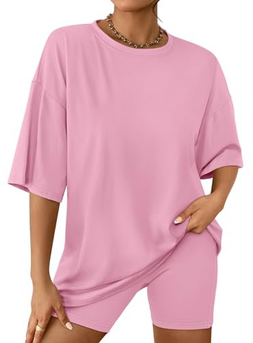 AUTOMET 2-teiliges Damen-Sets, Sommer-Outfits 2025, zweiteiliges Lounge-Set, passende Kleidung, übergroße T-Shirts, Biker, kurze Mode, Pink, M