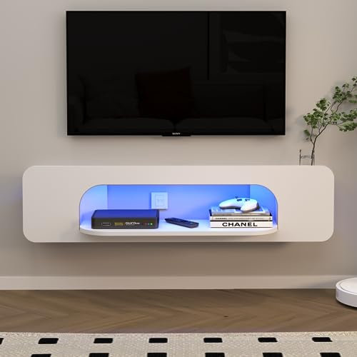 Pmnianhua LED TV Suspendu, Bois Etagère avec 1 Etagère Ouverte, Murale Flottante TV Support, Flottant (121cm, Blanc)