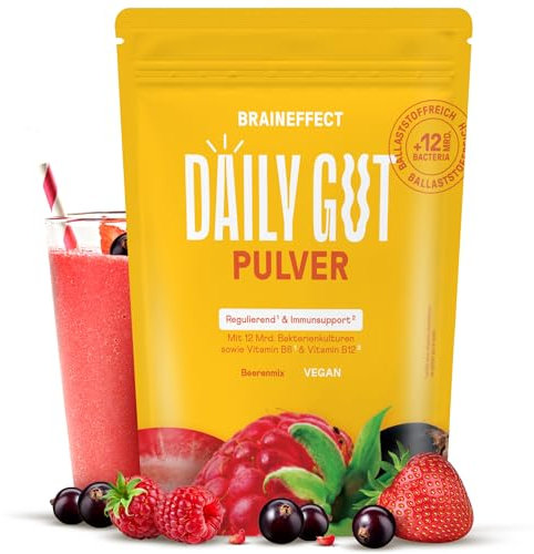 BRAINEFFECT DAILY GUT – Leckeres Probiotika Getränkepulver mit Ballaststoffen und Vitamine B6 + B12, Milchsäurebakterien zur Unterstützung des Darms, Berrenmixgeschmack – 240 Gramm