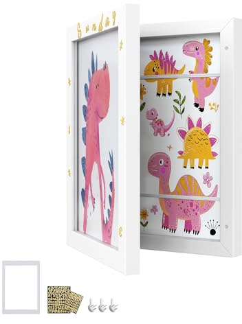SONGMICS Bilderrahmen, A4, 22 x 28 cm, Kinderauszeichnungen, Box für bis zu 150 Zeichnungen, MDF, Glas, Passepartout, Sticker, spurlose Wandhaken, 34,5 x 25,5 cm, mattweiß RPF052W01