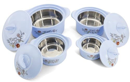 Thermotopf-Set mit Deckel, 4 Töpfe, 2,5 l / 1,5 l / 1 l / 600 ml - Edelstahl-Thermoschalen-Set - Warmhaltebehälter, Salatschüssel mit Deckel, zum Dämpfen - Thermoschalen für heiße Speisen. (Blau)