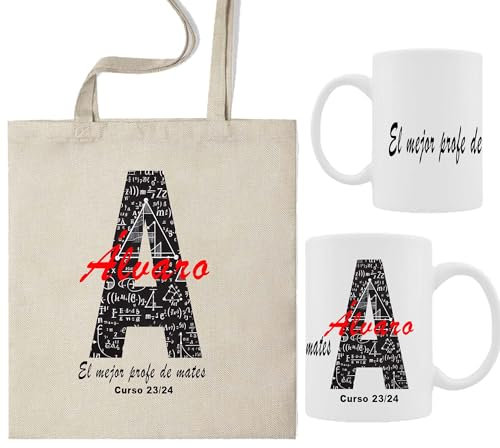 Pack taza profe + bolsa de tela, kit regalo fin de curso para la profe, bolsa de tela con taza, regalo fin de curso profesores de matematicas, pack personalizado