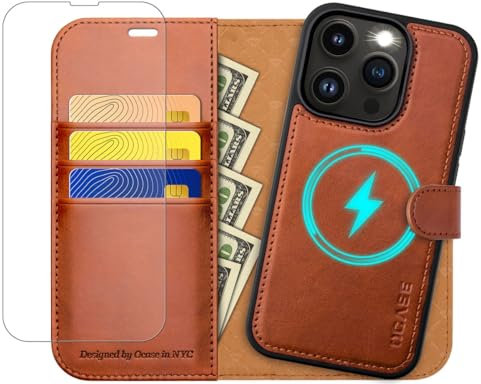 OCASE Abnehmbare Hülle iPhone 13 Pro Max Handyhülle 2-IN-1 [Magnetische Hülle] [Kabelloses Laden] [Displayschutz] [Kartenfach] RFID Schutzhülle Etui Klapphülle(2in1) Braun