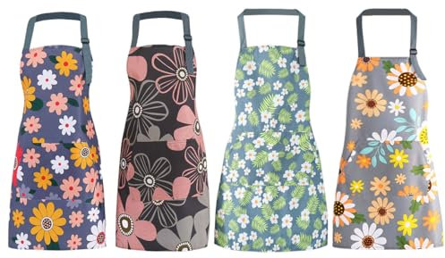 4 pezzi Grembiuli floreali, di Grembiule Cucina Impermeabili e Oleo-Repellenti Per Donne, Grembiuli regolabili, Grembiuli floreali grandi con tasche per cucinare, cuocere al forno, giardinaggio