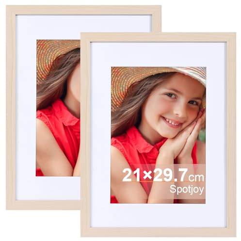 Spotjoy Bilderrahmen 2er Set 21x29.7 cm DIN A4 mit Passepartout | Holzrahmen Rahmen für Tisch- und Wandmontage Picture Frame mit Acrylglas für Fotos, Poster, Porträts, Holz