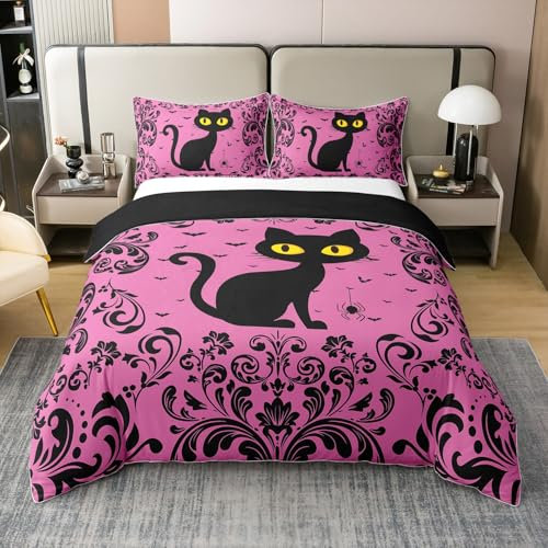 100% Bio Baumwolle Halloween Tröster Abdeckung,Gothic Black Cat 200x200 Bettbezug,Boho Damast Blume Bettbezug für Schlafzimmer Dekor,Romantische Retro Bettdecke Abdeckung,Exotische Art Bettwäsche Set