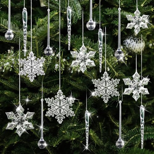 40 Stück Weihnachtsbaumschmuck, Acryl Schneeflocken Eiszapfen Anhänger Christmas Decorations,DIY Kristall Christbaumschmuck Weihnachten Deko