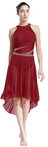 FEESHOW Robe de Danse lyrique Femme Robe sans Manche Danses Moderne Mousseline Jupe Asymétrique Vêtements de Danse Viennoise Bourgogne M