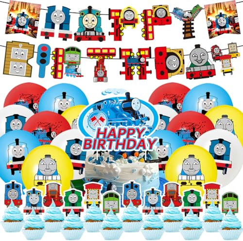 ThoM-as Birthday Balloons The Tank Engine Party Decorations The Train and Friends Theme Birthday Party Supplies Includes Happy Birthday Banner Cake Toppers for Kids’ Birthday Party Decorations
