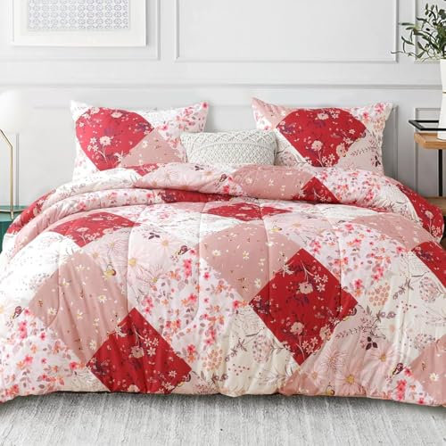 Bettdecke 200x220 Ohne Bezug Nutzbar, Patchwork Druck Mit Bettdecken Waschbar Ganzjahresdecke Retro Stil 4 Jahreszeiten Steppdecke, Bettzeug Microfaser mit 2 Kissenbezug für Sommer Winter Doppelbett