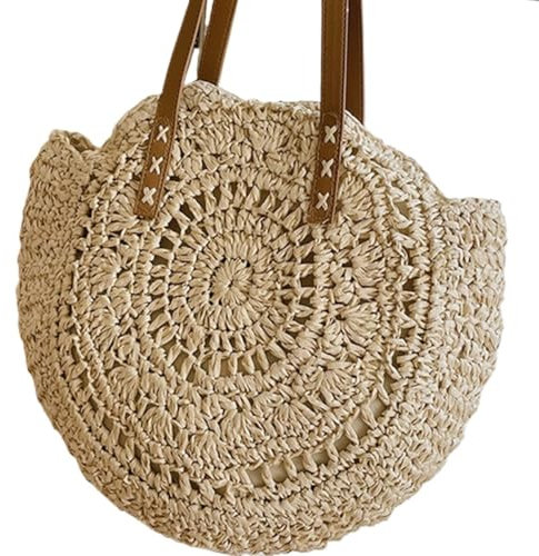 HESHUYAN Strohtasche Aushöhlen Stroh Tasche Sommer Runde Taschen for Frauen Rattan Schulter Tasche Mädchen Handarbeit Gewebt Strand Handtaschen Weibliche Große Sandstrand Runde Strohtasche(Beige)