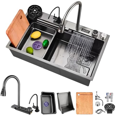 HZKSINNK Fregadero de Cocina de 1 Cubeta 85x50 cm, Negro cascada Fregadero de Acero Inoxidable, con Grifo Cocina Extraible, cesta de drenaje, sifón, rebosadero y desagüe así como otros accesorios